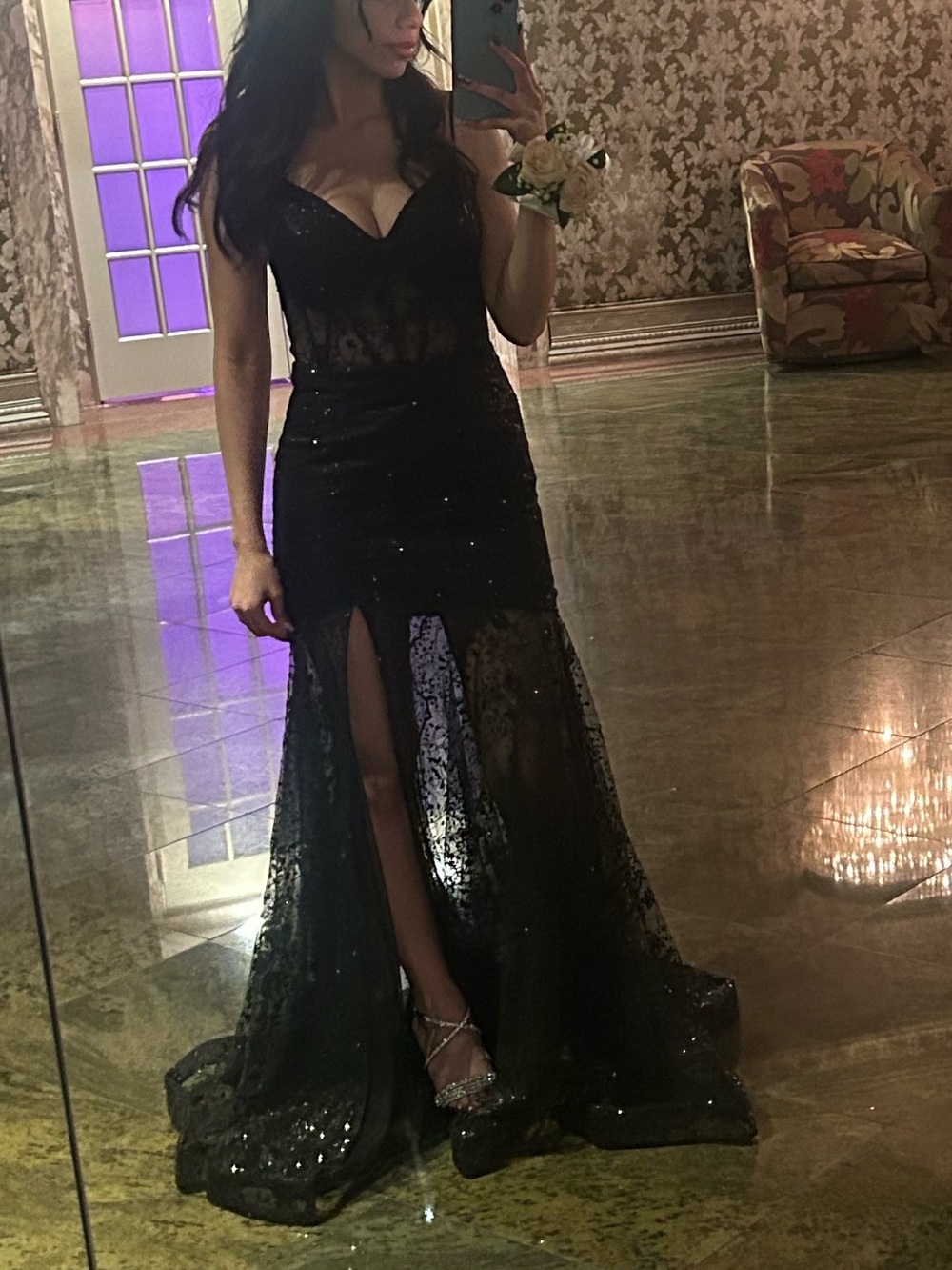 Macy's Black Sheer Lace Sequin Prom Gown